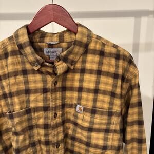 Carhartt Mens Flannel Shirt Size XL Relaxed Fit Mustard/Brown Button Up Workwear